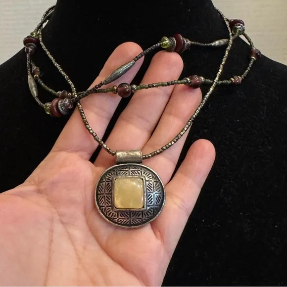 Chico's Multi Beaded String Statement Necklace Choker Green Earth tone Boho - Picture 4 of 16